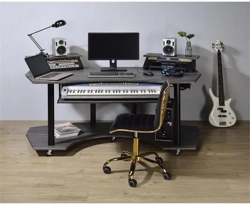 Vista 2 de Acme Escritorio de estudio de grabación de música de 71 pulgadas con bandeja de teclado de almacenamiento de madera, bandeja en forma de ala y 2