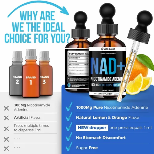 Vista 7 de Vita Guard Pure NAD+ Liquid Drops 1000mg Fórmula de nicotinamida y adenina Vegano, sin OMG Sabor natural de limón y naranja Suplemento