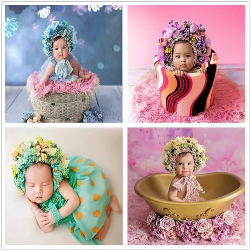Vista 4 de Accesorios de fotografía para recién nacidos niños y niñas sombrero floral para fotos de bebé
