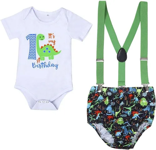 Vista 7 de IDOPIP Traje formal para bebé niño para el primer cumpleaños de Cake Smash con corbatín y tirantes y pantalones cortos para sesión de fotos