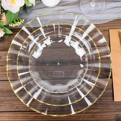 Vista 23 de Efavormart 10 Pack Platos redondos de plástico negro de 6" para postre y ensalada, platos desechables para aperitivos con borde ondulado dorado