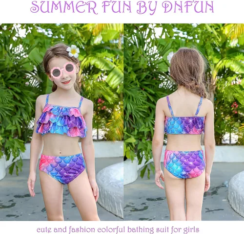 Vista 2 de DNFUN Traje de baño de sirena de 3 piezas para niñas, con cola de sirena, sin monoaleta