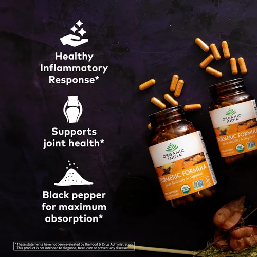 Vista 3 de ORGANIC INDIA Suplemento herbario de curcumina de cúrcuma, movilidad articular y apoyo inmunológico, respuesta inflamatoria saludable, suplemento