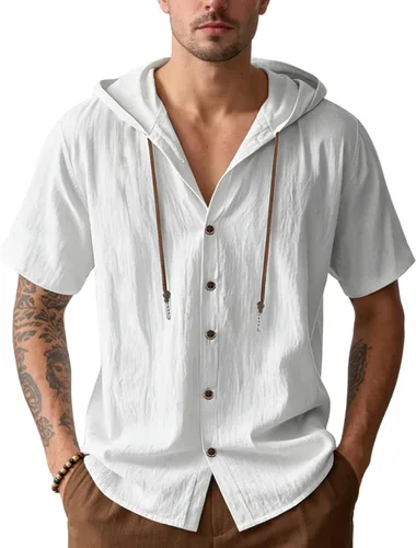 Vista 9 de Camisas de algodón y lino para hombre, sudaderas casuales de manga corta, con botones, para verano, playa, boda, con capucha