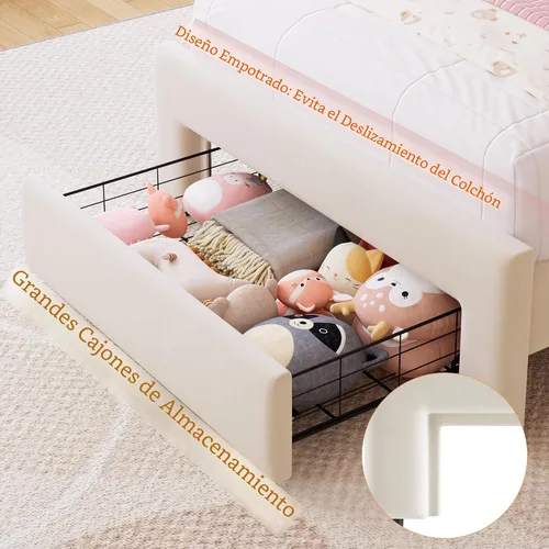 Vista 4 de Marco de cama LED tapizado individual con cajón de almacenamiento y cabecera doble ondulada ajustable, cama de plataforma de terciopelo