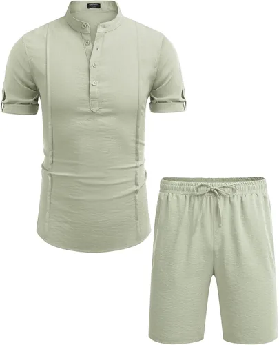 Vista 5 de COOFANDY Conjunto de lino de 2 piezas para hombre, camisa Henley, manga corta y pantalones cortos, trajes a juego para yoga y playa