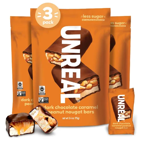 Vista 7 de Unreal - Barras de turrón de cacahuete y caramelo de chocolate oscuro, bolsas de tamaño económico, paquete de 3 Chewy caramel, organic peanuts and
