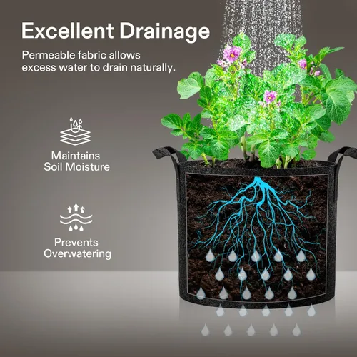Vista 6 de VIVOSUN Paquete de 10 bolsas de cultivo de 1 galón, macetas de tela reforzadas para jardinería, color negro