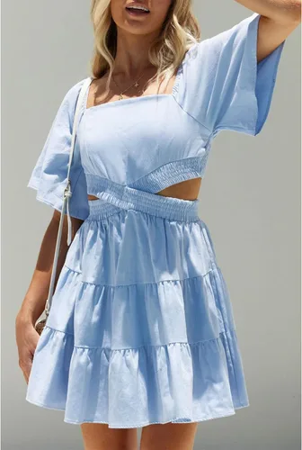 Vista 5 de Shy Velvet - Vestido de verano para mujeres, cuello cuadrado, mangas cortas, cintura cruzada, mini vestido de fiesta casual