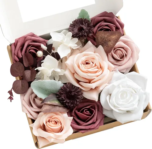 Vista 12 de Ling's moment Caja de flores falsas, tallos de vegetación artificiales artificiales, rosas de espuma, dalia, gardenia, tulipán, flor fábica de seda