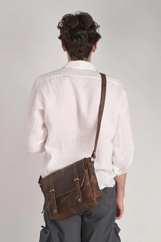 Vista 8 de Bolso bandolera de cuero genuino para hombres, bolsos cruzados para negocios de trabajo, Marrón