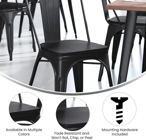 Vista 4 de BizChair Juego de 4 asientos de madera de poliresina, poliestireno negro, bordes redondeados para mayor comodidad, para sillas y taburetes de metal
