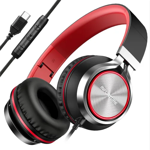Vista 13 de INFURTURE - Auriculares USB C con micrófono, control de volumen, cable sin enredos, auriculares tipo C con cable, plegables y ligeros para iPhone