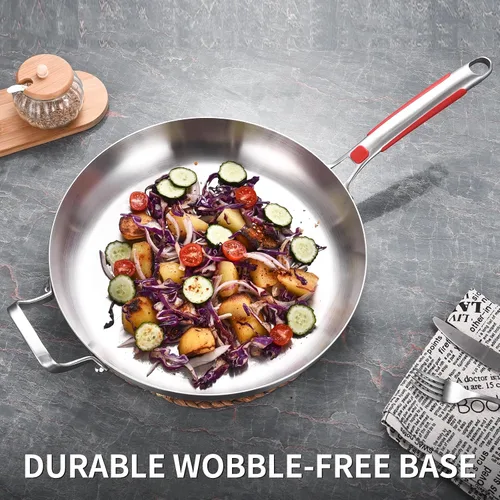 Vista 7 de Inqibee Sartén de acero inoxidable de 13 pulgadas, tricapa, con tapa y mango auxiliar, sartén, sartén de cocina de inducción, mango desmontable