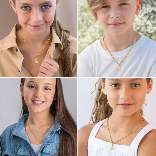 Vista 3 de FOCALOOK Collares de letra inicial de oro para hombres, adolescentes y niños, chapado en oro de 18 quilates, cadena de letra inicial A-Z, 16 pulgadas
