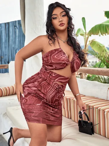Vista 4 de WDIRARA Vestido corto ajustado sin espalda con estampado halter y espalda descubierta para mujer