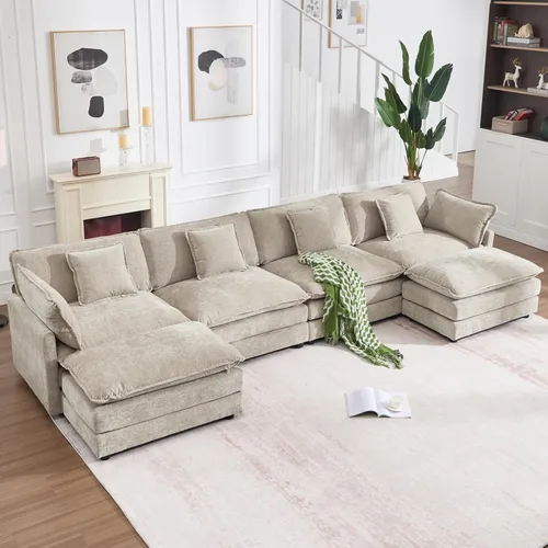 Vista 20 de KIVENJAJA - Sofá modular en forma de U extragrande tipo nube, chenilla moderna de 4 plazas con asiento profundo para sala de estar y oficina, con 2