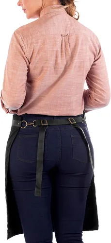 Vista 7 de Under NY Sky Delantal de barista, correas de cuero negro y refuerzo, bolsillos remachados, doble costura, lazo de anillo de cuero, sarga negra