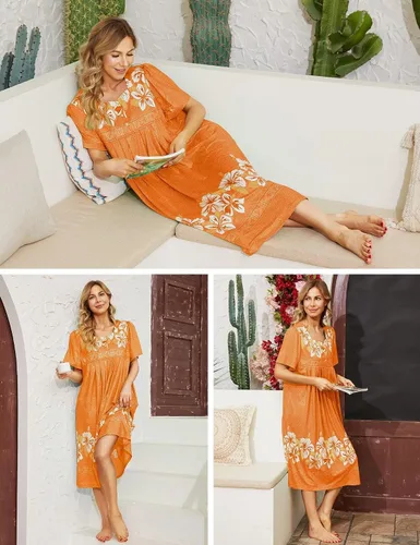 Vista 2 de Bloggerlove Camisón hawaiano para mujer, vestido de casa hawaiano Muumuu con estampado de tumbona, vestido de patio con bolsillos Moomoo