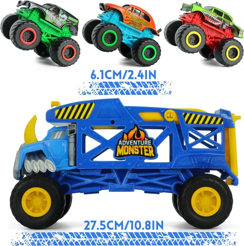 Vista 4 de Monster Trucks Hauler Rhino con 3 mini camiones y lanzamiento de súper rampa, regalo para niños a partir de 3 años