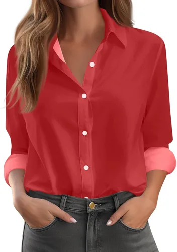 Vista 48 de Camisetas de San Valentín para mujer, camisas con botones, blusas de corazón, elegantes, informales, cuello de solapa, manga larga, suave, cómoda