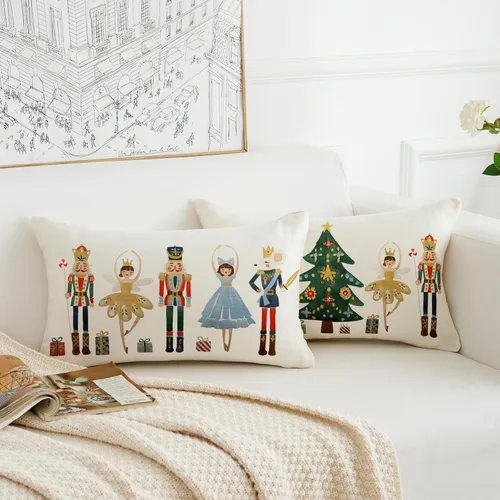 Vista 4 de Juego de 2 fundas de almohada de Feliz Navidad de 12 x 20 pulgadas, fundas de almohada de cascanueces de Navidad, fundas de cojín de invierno