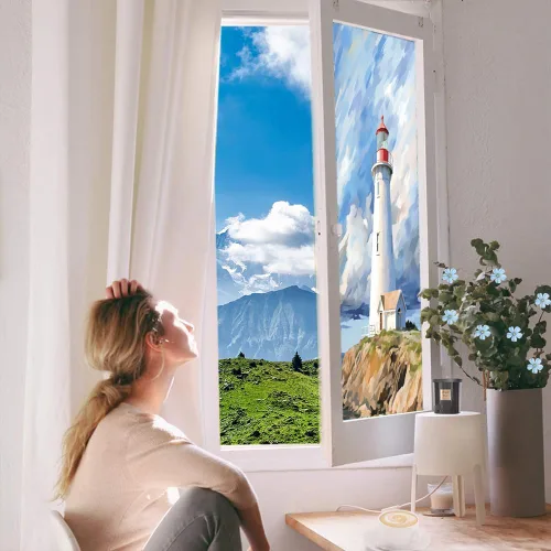 Vista 5 de Película de privacidad para ventana de faro blanco retro, estilo costero, acuarela abstracta, vitrales, película de adherencia estática para tiendas