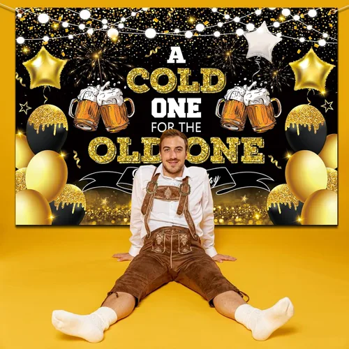 Vista 3 de Decoraciones de fiesta de cerveza, telón de fondo de feliz cumpleaños negro y dorado para hombres, un frío para el anciano, pancarta de fondo