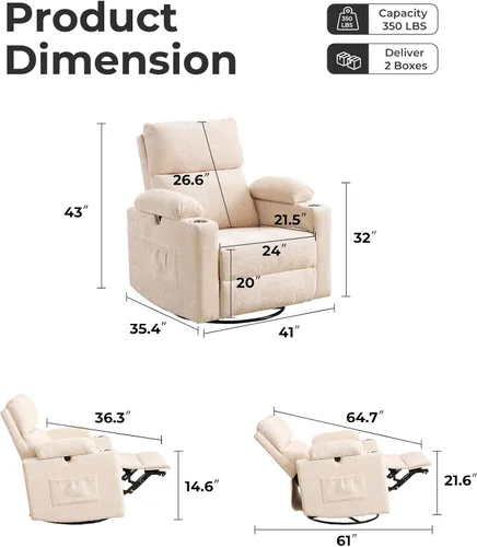Vista 2 de Sillón reclinable eléctrico con balanceo para guardería con apoyabrazos ajustables, silla de lactancia con función de masaje y calor, reclinable