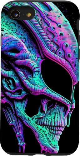Vista 31 de iPhone 13 Pro Trippy Vaporwave Alien Head Skull Dripping Paint UFO Art Case