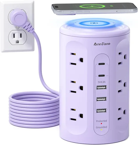 Vista 9 de Torre de tira de alimentación AnnTane con luz nocturna, tira de alimentación con protector de sobretensiones y puertos USB, cable de extensión de 10