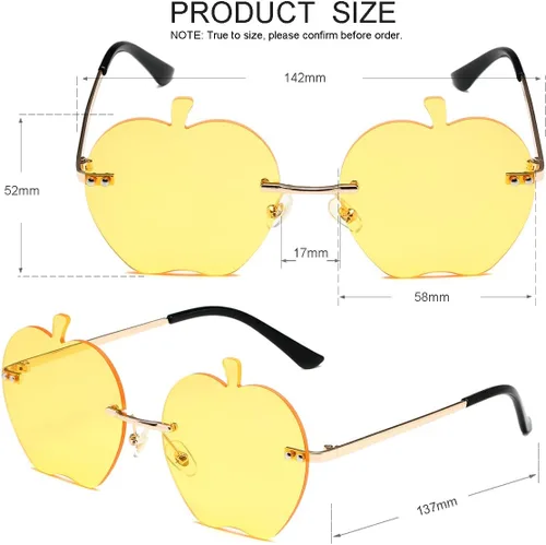 Vista 3 de JOVAKIT Gafas de sol en forma de manzana para mujeres y hombres, gafas de sol retro sin montura para fiesta rave, gafas de Halloween (doradoamarillo)