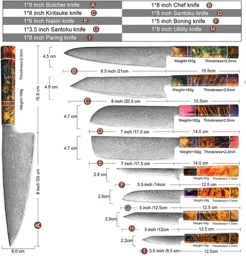 Vista 2 de ZZYY - Juego de 9 cuchillos japoneses de acero de Damasco con mango de madera solidificada, cuchillos Nakiri, cuchillo de chef Santoku, cuchillo