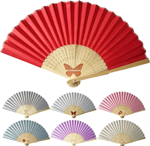 Vista 10 de Abanicos de mano personalizados a granel ventiladores de seda personalizados con grabado en el mango, regalos de fiesta, abanicos plegables vienen