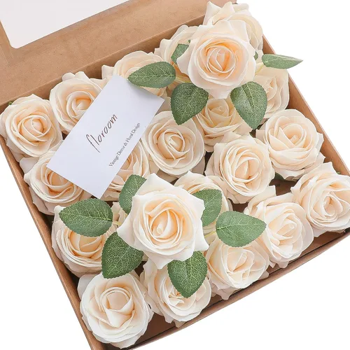 Vista 7 de Floroom Flores artificiales, 20 unidades, rosas falsas de espuma de alto centro con tallo para ramos de boda, centros de mesa de despedida de Blush