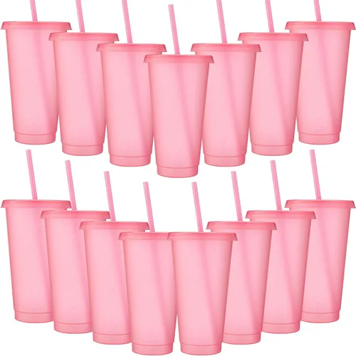Vista 33 de Honeydak Paquete de 60 vasos con popote y tapa, vasos a granel para regalos, tazas de café de plástico con purpurina de 24 a 27 onzas, botella