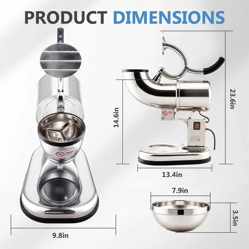 Vista 6 de Máquina de afeitar eléctrica de hielo de 300 W, máquina de hacer cono de nieve de 440 libras/hora, máquina de hielo afeitado de acero inoxidable