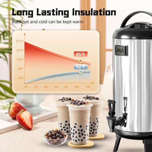 Vista 5 de Dispensador de bebidas aislado de 3.2 galones/12 L, dispensador de agua fría y caliente con canilla para café, jugo, té y leche, dispensador