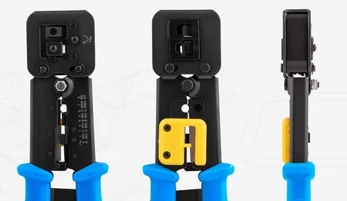 Vista 7 de Everest Media Solutions Kit de herramientas de crimpado RJ45, con 50 conectores de paso Cat5e y 50 botas de alivio de tensión + cuchillas