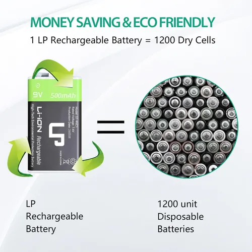 Vista 5 de LP Paquete de baterías recargables de 9V, paquete de 2 unidades, 800mAh de iones de litio, 9 voltios, batería USB con puerto de carga Micro USB
