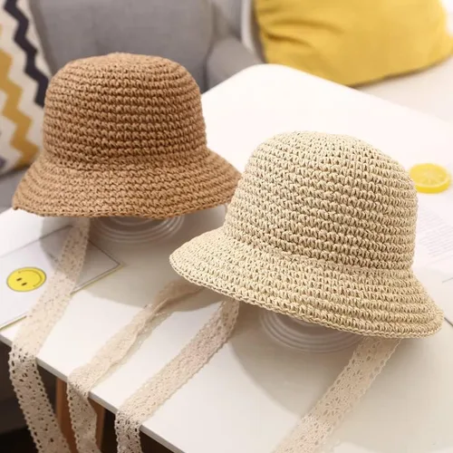 Vista 6 de Sombreros de paja para niñas pequeñas y plegables de ala ancha para verano, sombrero de paja para fotografía de bebé, sombreros de paja