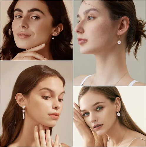 Vista 3 de UBGICIG 13 pares de aretes de perlas para mujer, aretes de aro de perlas ligeros, aretes de perlas circulares, aretes colgantes largos de perlas