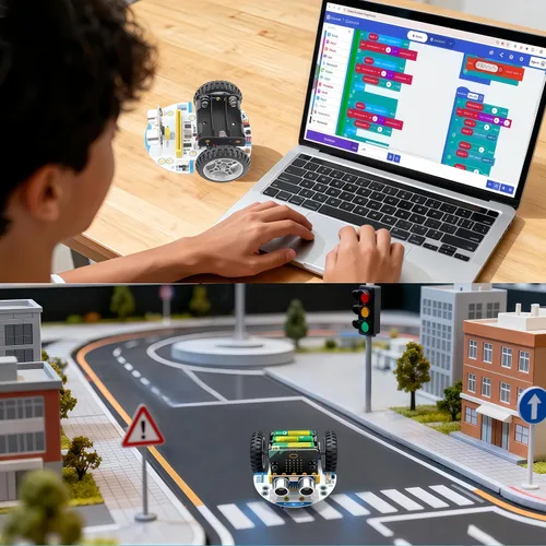 Vista 6 de Coche inteligente Micro:bit con tutorial detallado de programación gráfica y microPython de MakeCode, seguimiento de línea IR y módulos de luz RGB