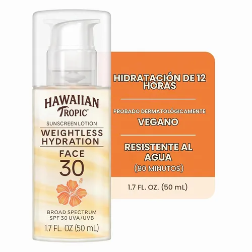 Vista 2 de Loción protector solar Hawaiian Tropic Weightless Hydration SPF 30 para rostro, 1.7 oz Loción protector solar de tamaño para viajar, elementos