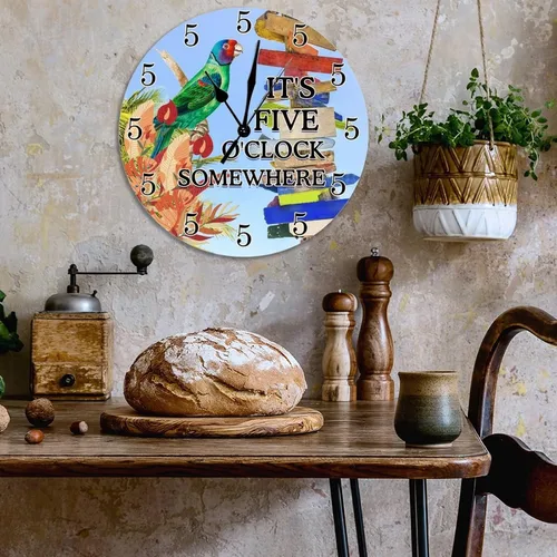 Vista 3 de Reloj de pared de madera con texto en inglés "It's Five O'clock Somewhere" - Reloj de pared de madera con loro costero tropical, cóctel, reloj