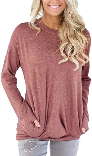 Vista 2 de Camisetas de otoño para mujer, estilo casual, ajuste holgado, cómodas, bonitas, sudaderas de manga larga con cuello redondo