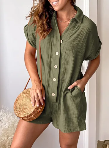 Vista 4 de BLENCOT Mono de verano con botones para mujer, casual, cuello en V, manga corta, con bolsillos