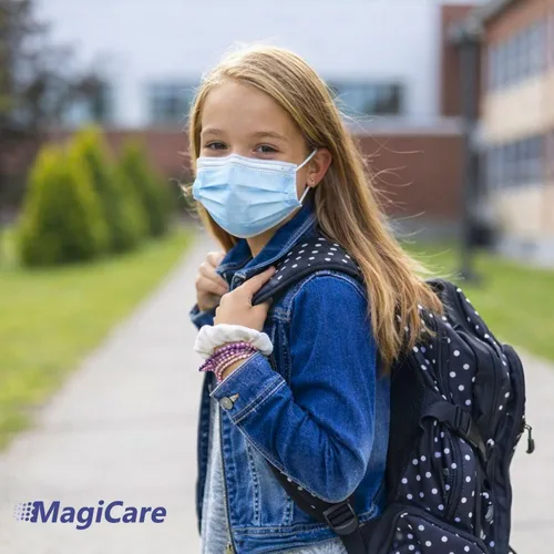 Vista 3 de MAGICARE Mascarilla facial para niños (50 unidades), mascarillas desechables para niños, 3 capas, jóvenes de 4 a 12 años, suaves, cómodas