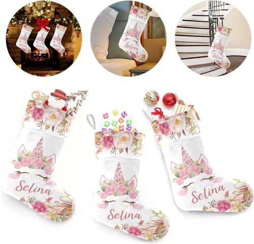 Vista 3 de Calcetines de Navidad personalizados con diseño de unicornio y flores con nombre, medias de Navidad personalizadas para decoración de fiestas