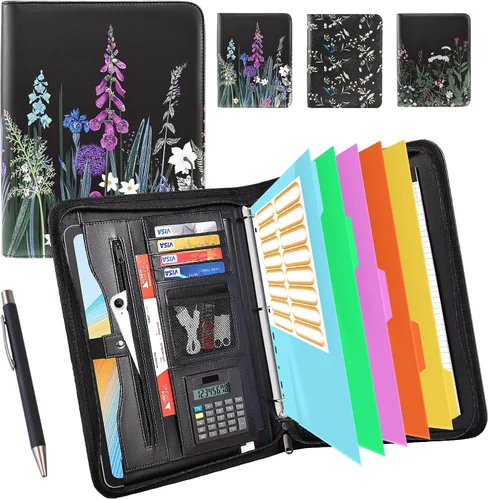 Vista 17 de Eshow Padfolio para hombres y mujeres con bolígrafo, cartera de cuero con cremallera, organizador profesional de currículum de entrevistas